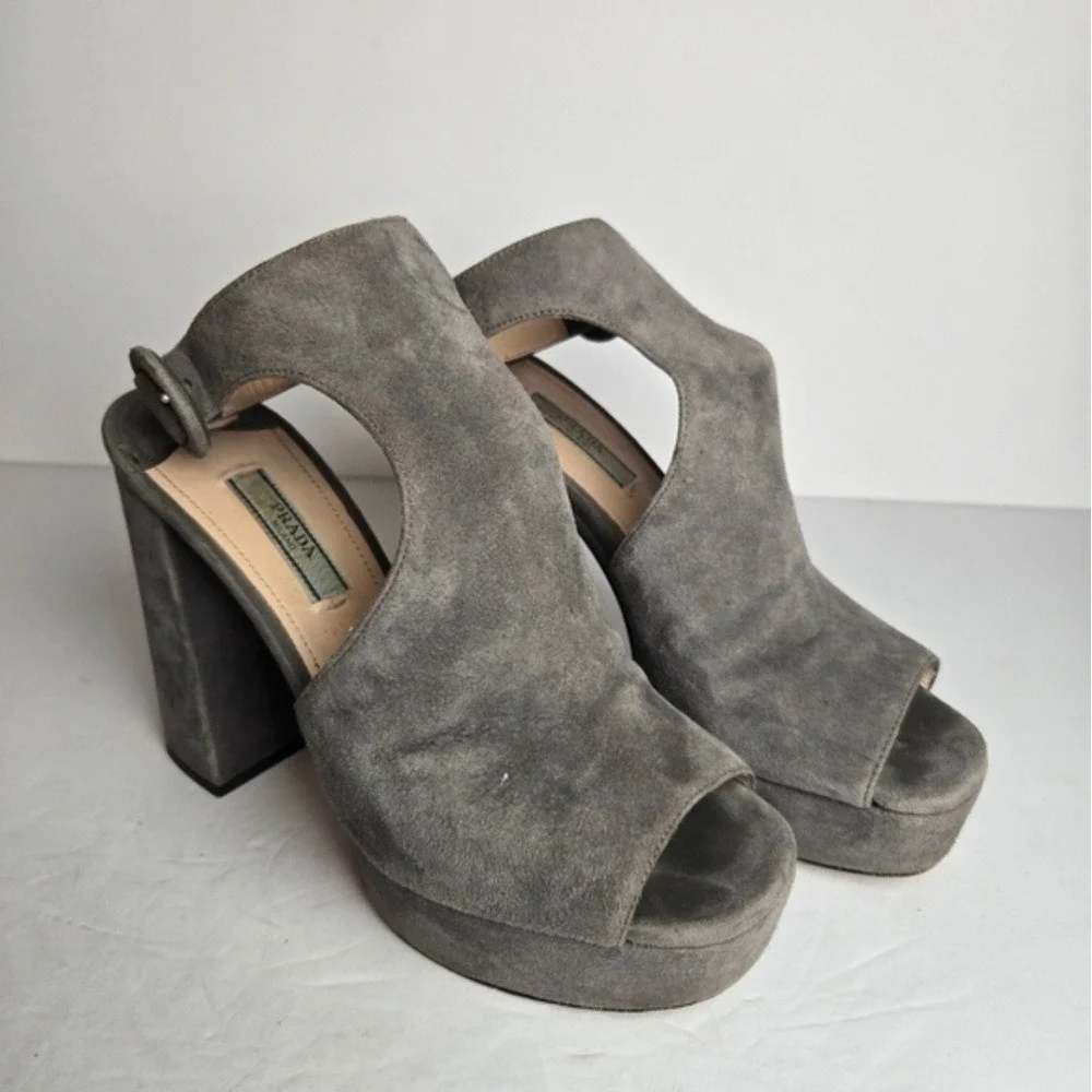 Prada Women's 6.5 Gray Suede Slingback Leather Chunky Heel Platform Sandal Heels
